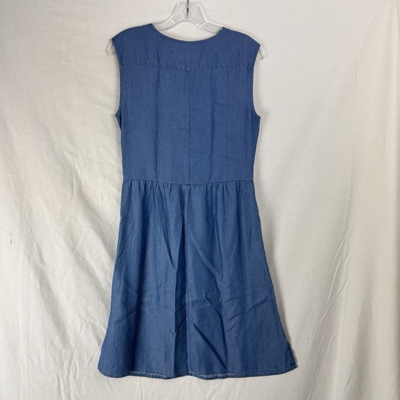 Garnet‎ Hill Dress 4 Blue Chambray Sleeveless Pockets Sundress Travel Coastal - Picture 5 of 14